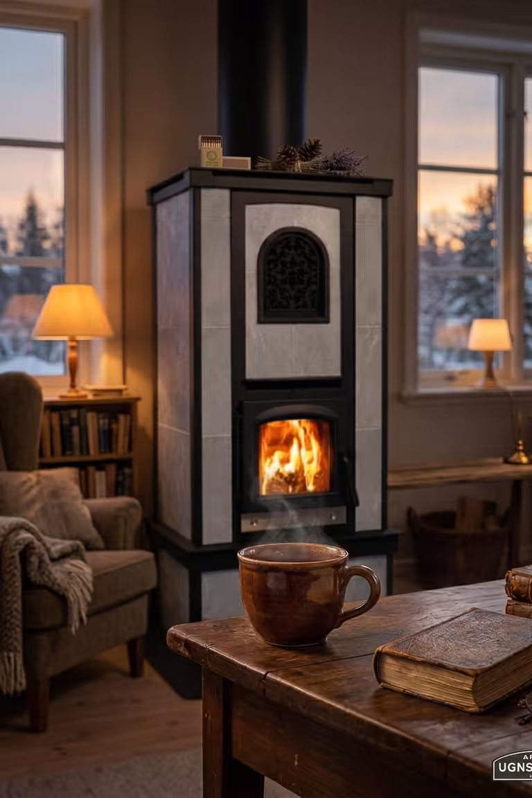 En täljstenskamin från Arvika Ugnsmakeri sprider värme i ett ombonat vardagsrum med snöigt vinterlandskap utanför fönstret.